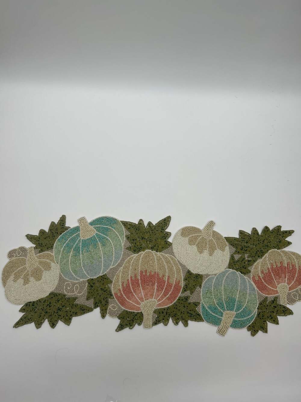 Fall Beaded Pumpkin Table Runner 36x13 Thanksgiving Harvest Grandmillennial Blue